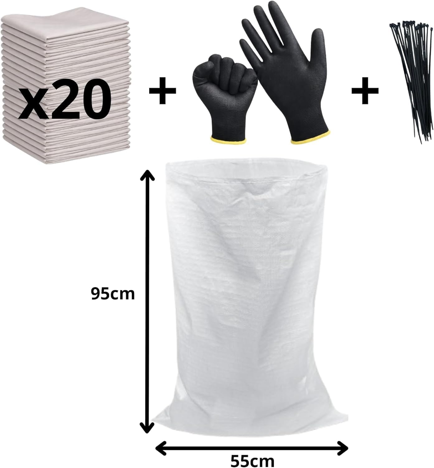 20 sacchetti da cantiere, 95 x 55 cm, in polipropilene intrecciato, ultra resistenti, con 20 fascette e 1 paio di guanti da manipolazione