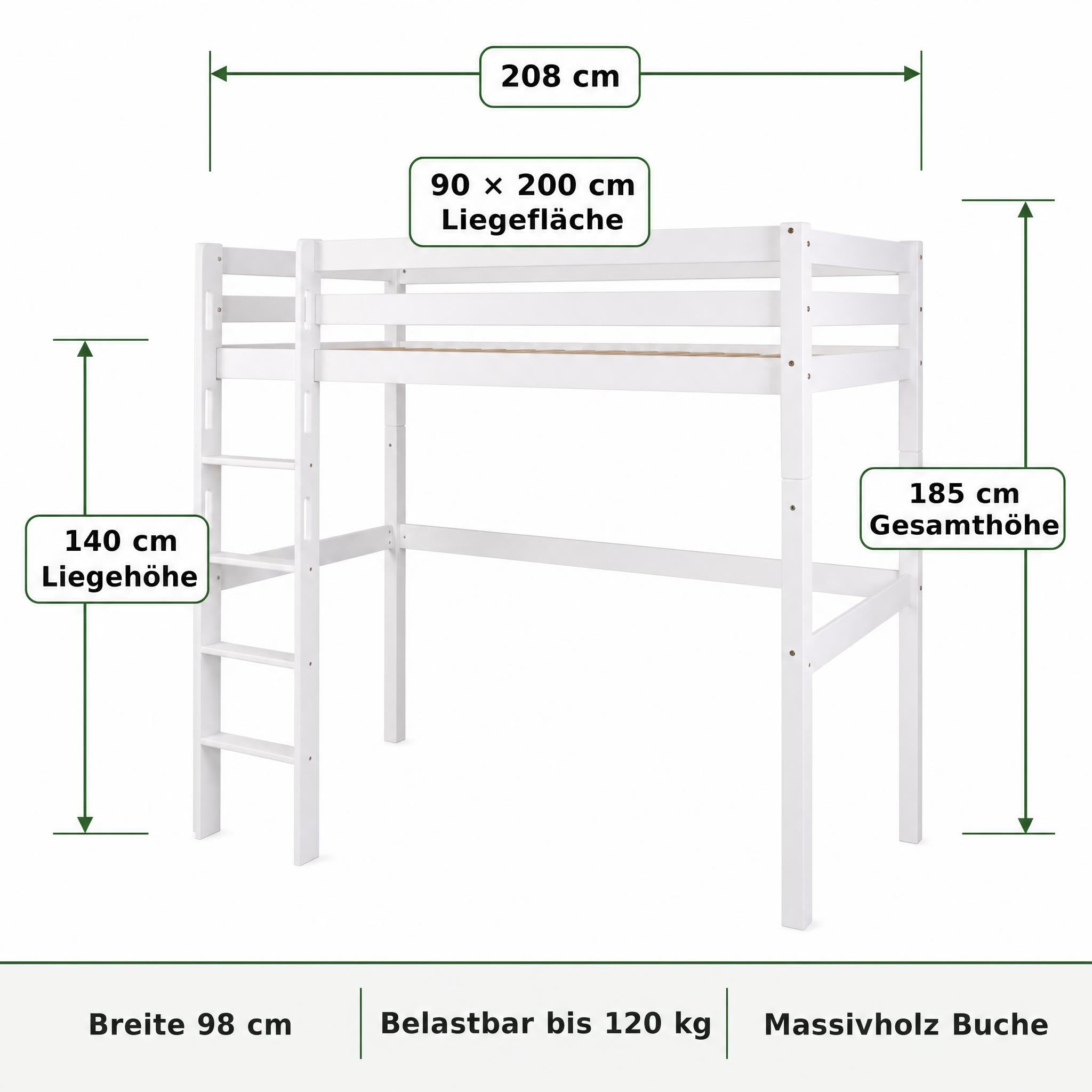 Staboos Hochbett Leni 90x200 Massivholz Kernbuche, Weiß Wasserlack