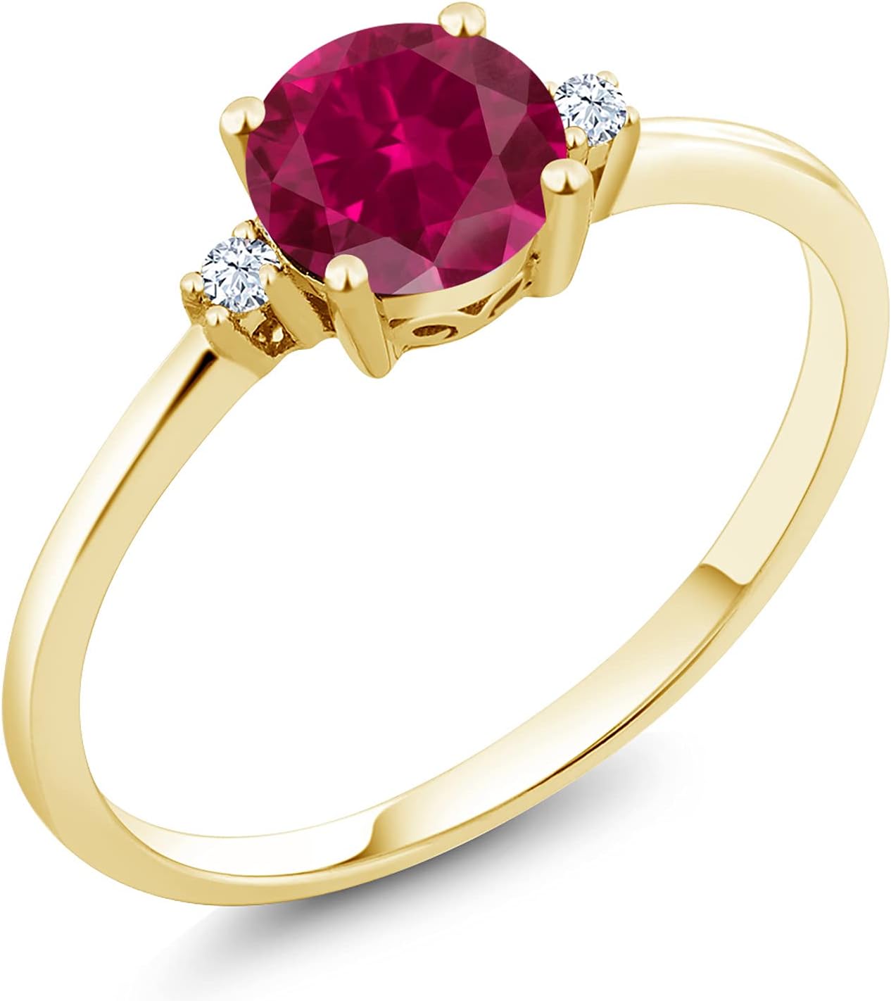 Gem Stone King 10K Yellow Gold Red Created Ruby and White Created Sapphire Solitaire Engagement Ring For Women | 1.03 Cttw | Round 6MM | Wedding Engagement Anniversary Promise Ring For Women