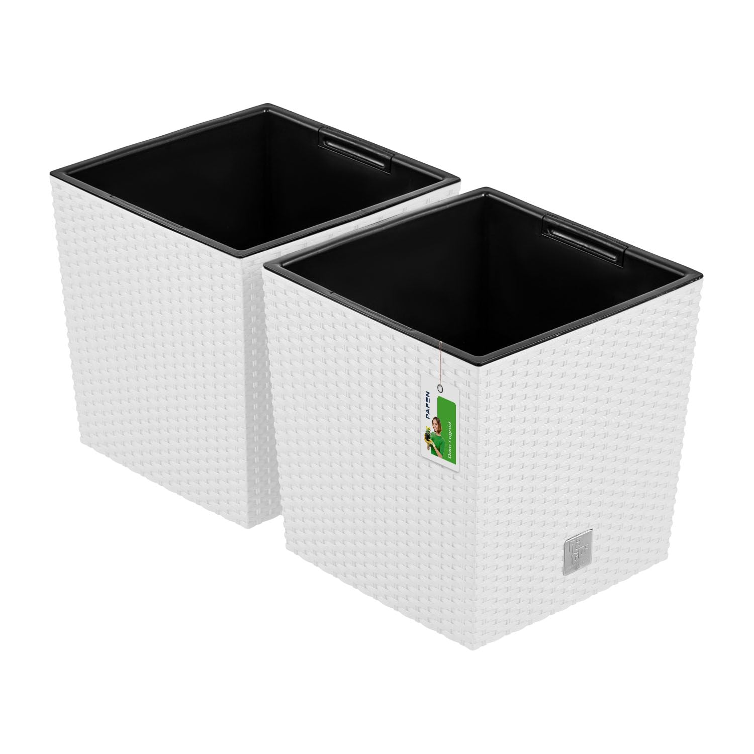 PAFEN 2X Blumentopf Blumenkübel Rattan-Optik 32 Liter - 31,5 x 32,5cm - Pflanzkübel mit Einsatz, Übertopf für Garten, Balkon & Innenbereich, wetterfest, Kunststoff, Weiß
