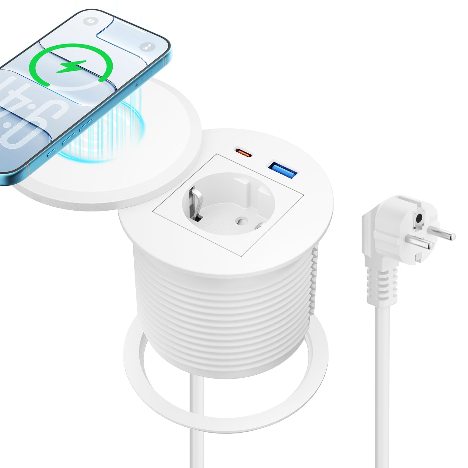 Gniazdko do zabudowy, wpuszczane, z bezprzewodowym ładowaniem 15 W i USB-C PD 30 W, gniazdko stołowe do biurka i biura, kabel 2 m, białe