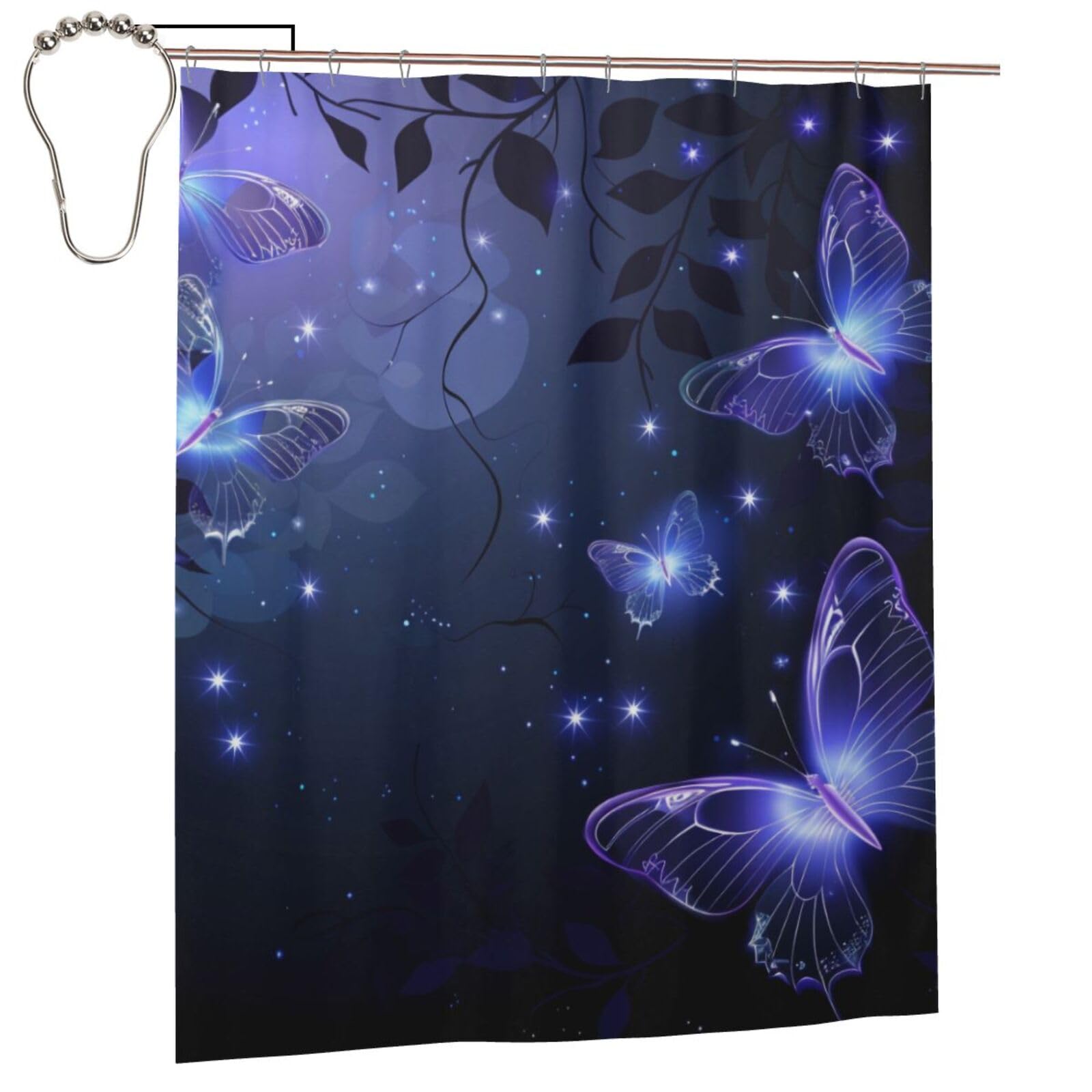 BWWHCCTI Background with Night Butterflie Printed Shower Curtain With 12 Iron Hooks Opaque Quick Drying Waterproof Shower Curtains Sets For Bathroom 152x183 Cm