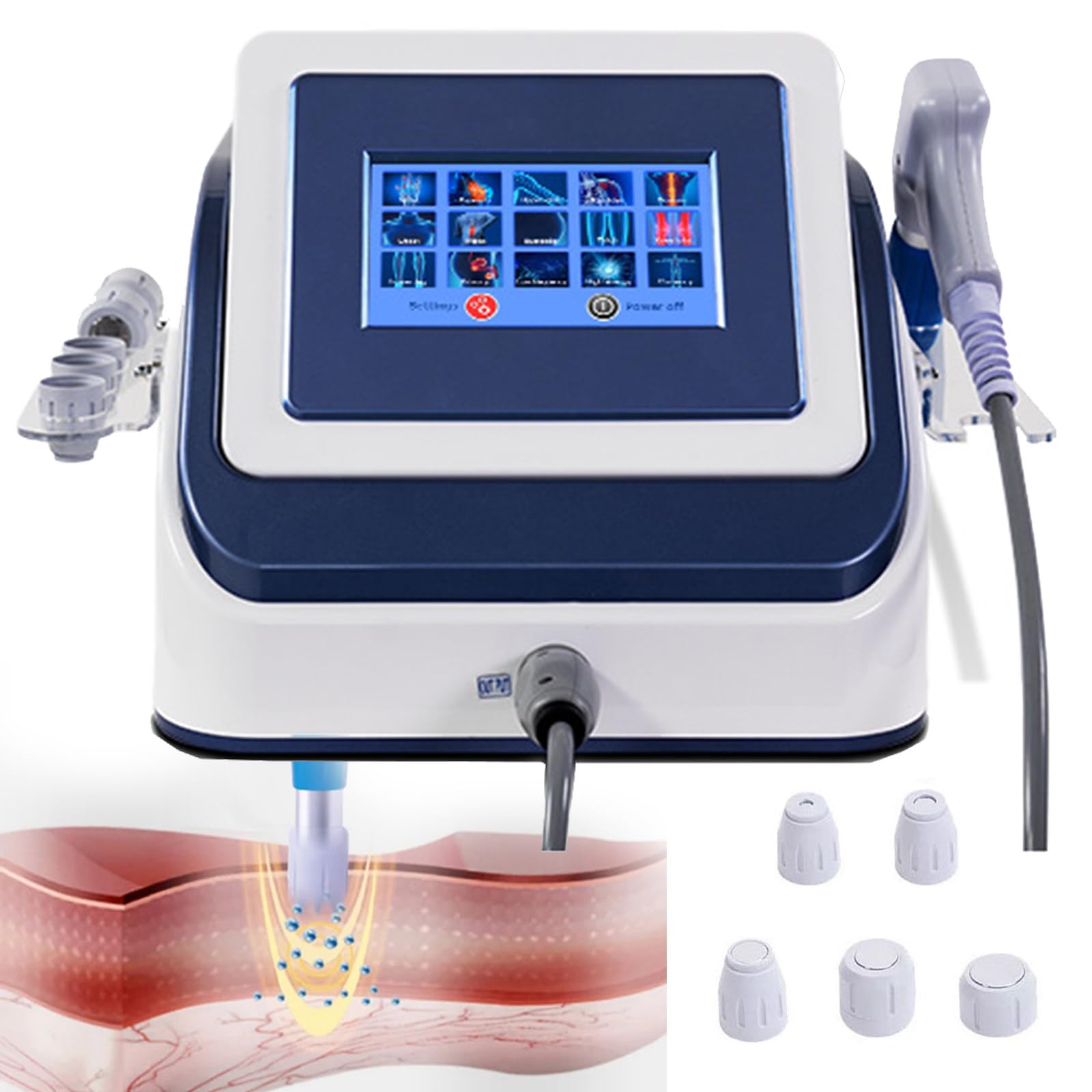 Macchina Per Terapia Extracorporea Ad Onde D'Urto ED Massaggiatore Per Tessuti Profondi Muscolari Con 5 Testine Massaggianti, Per Dolori Articolari E Sollievo Dal Dolore Muscolare,Blue