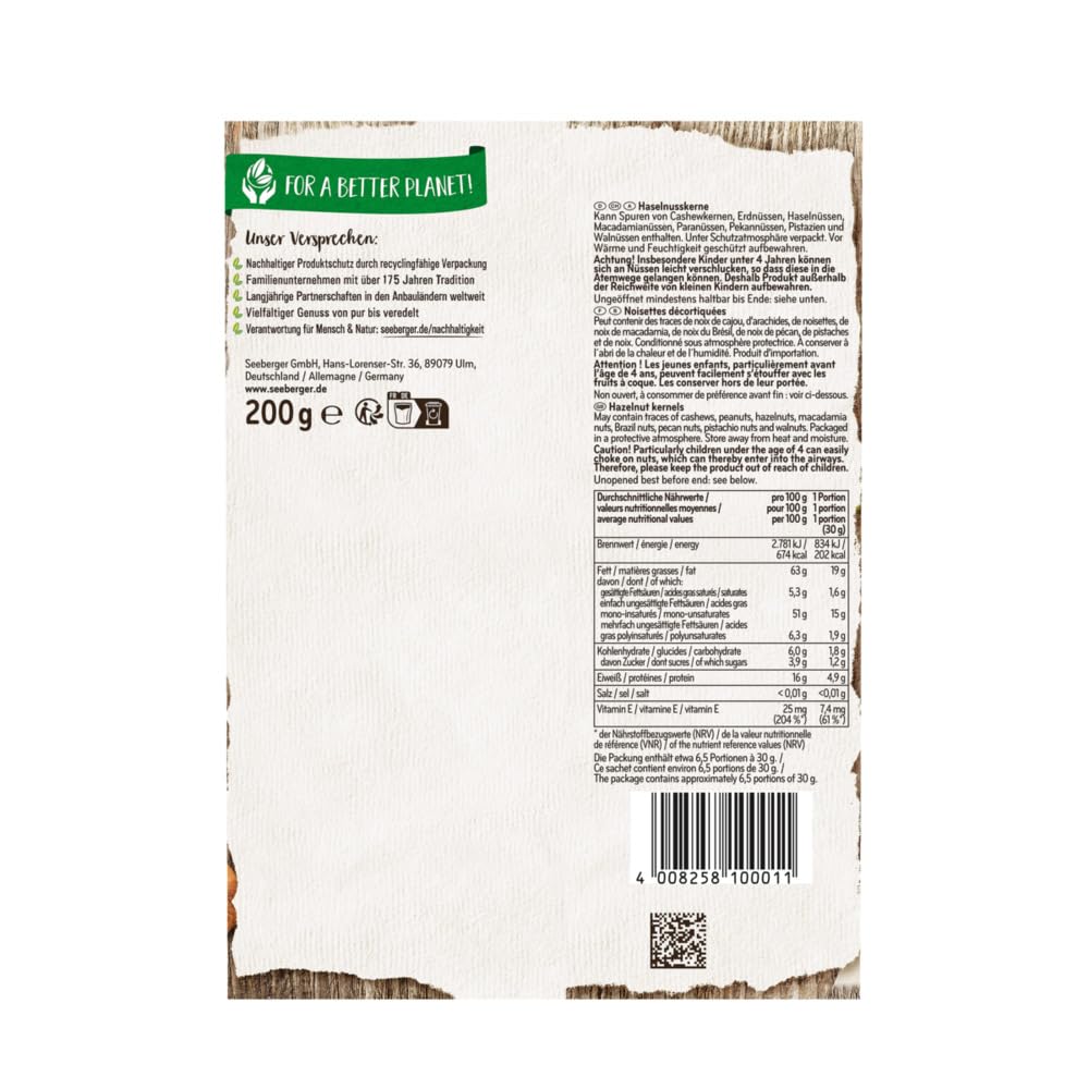 Seeberger Haselnusskerne 12er Pack: Große runde Kerne der Haselnuss, sehr aromatisch aus Italien - als Snack, Backzutat und zum Verfeinern von Speisen - roh, naturbelassen, vegan (12 x 200 g)