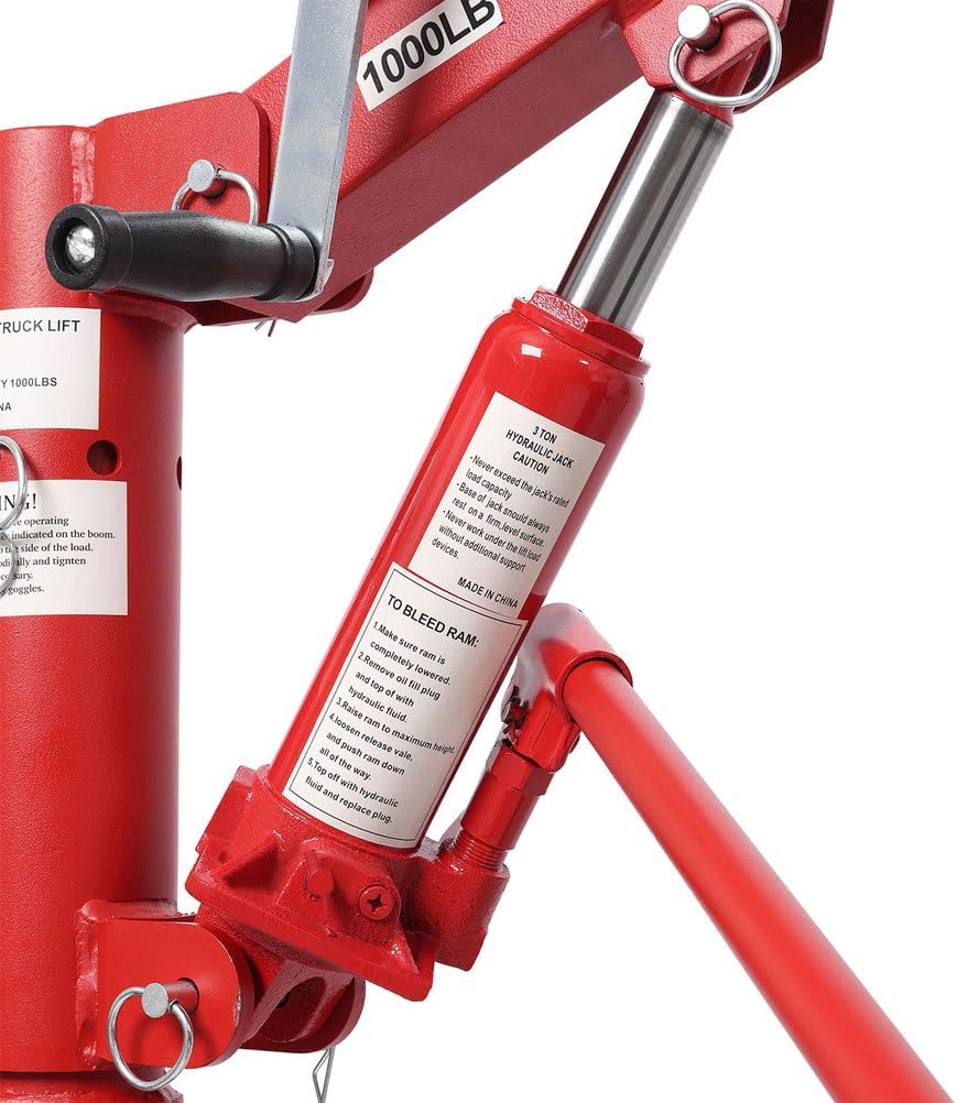 Pickup Truck Crane with Manual Winch, 1000 lb Capacity, Adjustable Boom (500–1000 lbs), 360° Swivel Base, Heavy Duty Steel Truck-Mounted Hoist for Loading in Warehouse, Factory, Construction – Red