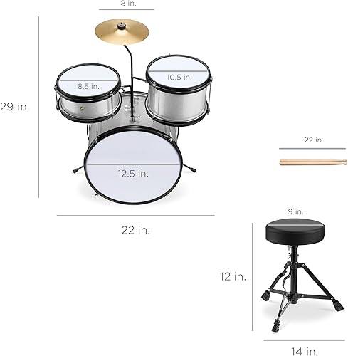 Vista 25 de Best Choice Products Juego de batería para principiantes de 3 piezas para niños y jóvenes, con taburete de trono, platillo, baquetas, pedal de Azul