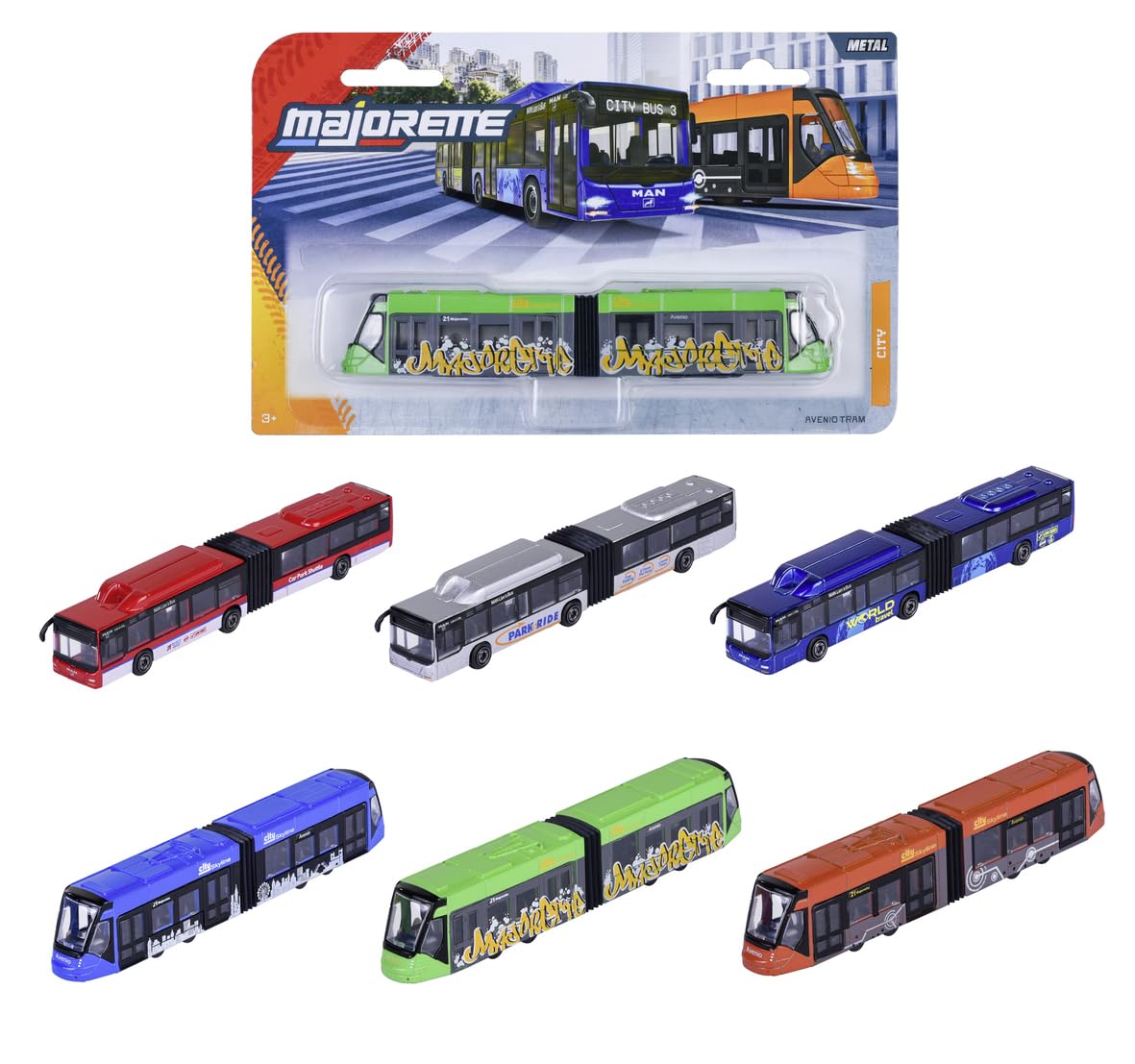 Majorette MAN City Bus lub Avenio Tram (1 model samochodu) – autobus zabawkowy lub tramwaj z metalu z wolnym biegiem, losowy wybór spośród 6 modeli pojazdów dla dzieci od 3 lat, każdy ok. 20 cm