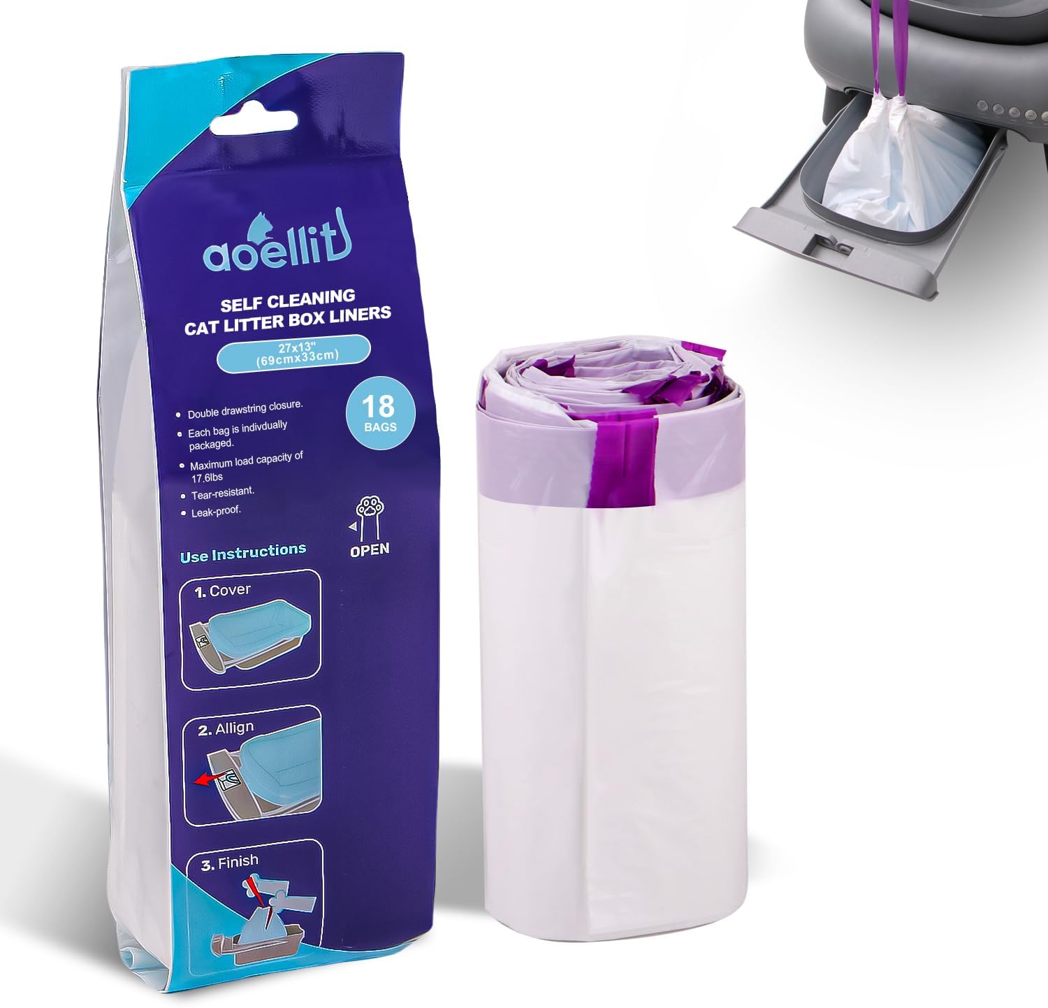 Cat Litter Box Liners Compatible with Automatic Cat Litter Box, Pre-Separated Heavy Duty 3.5Mil Thick Tear & Leak Proof Drawstring Litter Bags for Self-Cleaning Litter Boxes (Large, 18 Count) 18 Count (one roll)