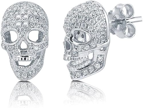 BERRICLE Pendientes de tuerca de plata de ley chapados en rodio con circonita cúbica y huesos de calavera Plata de ley Metal Circonita cúbica