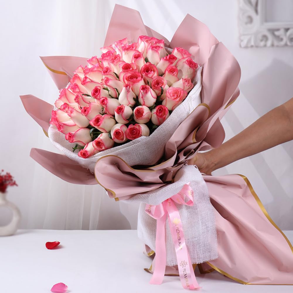 FlowerAura Romantic Fresh Live Flower Bouquet of 60 Pink Roses In Designer Luxury Paper Gift For Birthday | Anniversary | Love Surprise | Rose Day | Valentine's Day | Propose Day (Same Day Delivery)-image-44