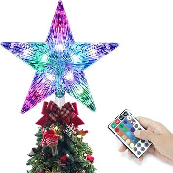 Christmas Tree Topper, KBG LED 20 Light Modes Color Changing 9" Christmas Tree Topper Star Lighted, Remote Controller Multicolor LED Christmas Star USB Powered for Xmas Holiday Party Gift Decor