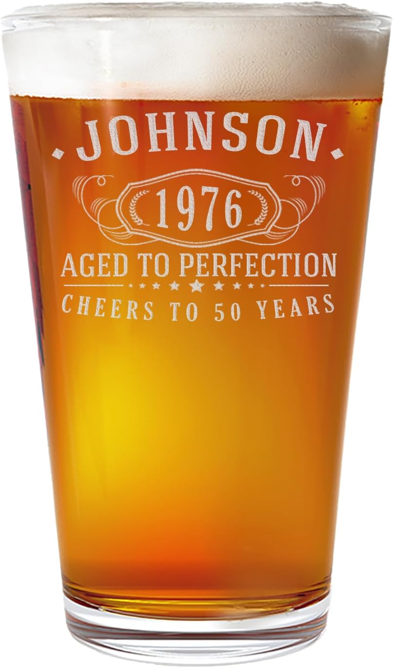Personalized Vintage 50th Etched 16oz Pint Beer Drinking Glass Cup – Customized 1976 Happy 50th Birthday for Men Women, Custom Cheers Turning 50 Year Old Decor, 50 Party Favors, Gift Ideas 1.0
