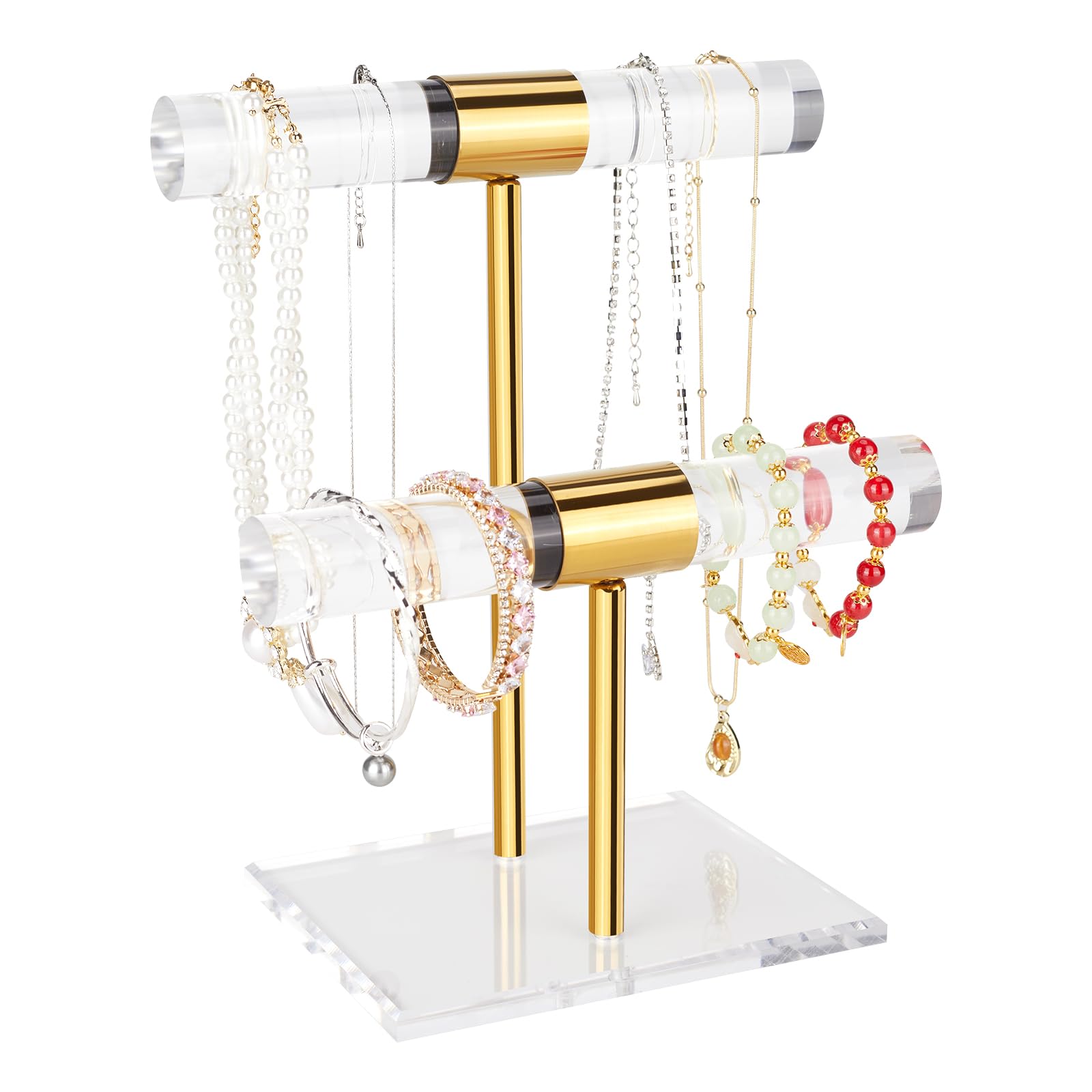 Jolboldy Necklace Holder Bracelet Holder, 2-Tier Acrylic Jewelry Display Stand Gold Jewelry Tower Stand Crystal T Bar Jewelry Organizer Gift for Women(2-Tier 1pc)