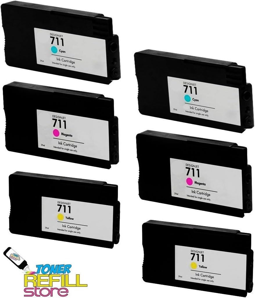 Toner Refill Store 3 Pack Compatible Replacement HP 711 Ink Cartridges (2 Cyan CZ130A, 2 Magenta CZ131A, 2 Yellow CZ132A) for use in the Hewlett Packard DesignJet T120, and HP DesignJet 520 printer models by NorthLand Wholesale