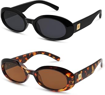 Retro Oval Sunglasses for Women Men Trendy Small 90s Style Vintage Skinny Narrow Frame 2-Pack