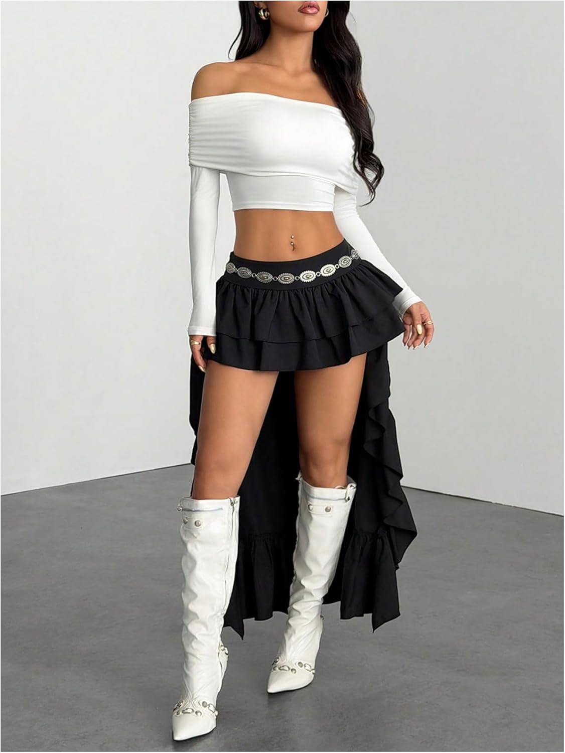 MakeMeChic Women's Y2k Western Ruffle Skirt Y2K Low Waist High Low Layered Skirts