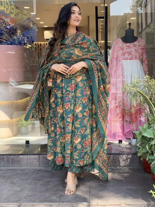 Lookmark Women's Cotton Blend Floral Printed Kurta Plazzo Set With Dupatta Suitable For Every Indian Occasion (Az-Lm-Og-Ks2171 Green-M)