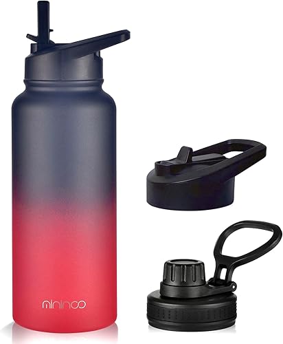 Miniatura 1 de Botella de agua aislada de 32 onzas con popote, termo de acero inoxidable de doble pared al vacío con tapa para popote y tapa para beber, a prueba