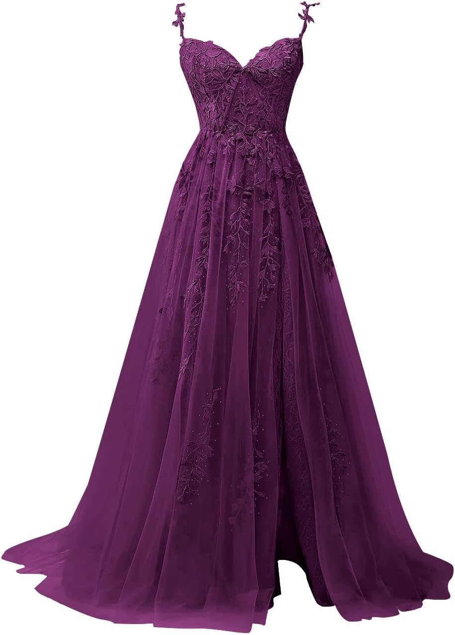 Hppee Women's Plum Tulle Prom Dresses For With Slit Lace Applique Ball Gown 2024 Corset Long Formal Party Dress Uk8
