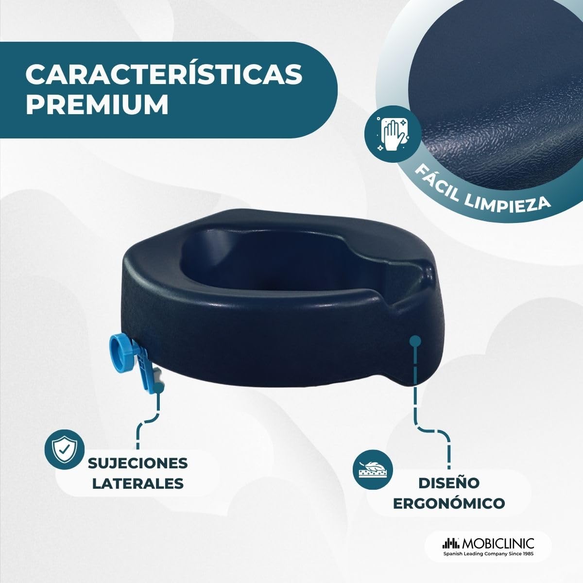 Mobiclinic, Elevador wc, Blando. río, 11 cm, Marca española, Adulto, Alza, Ajustable, Blando cómodo, Fácil instalación sin herramientas, Azul