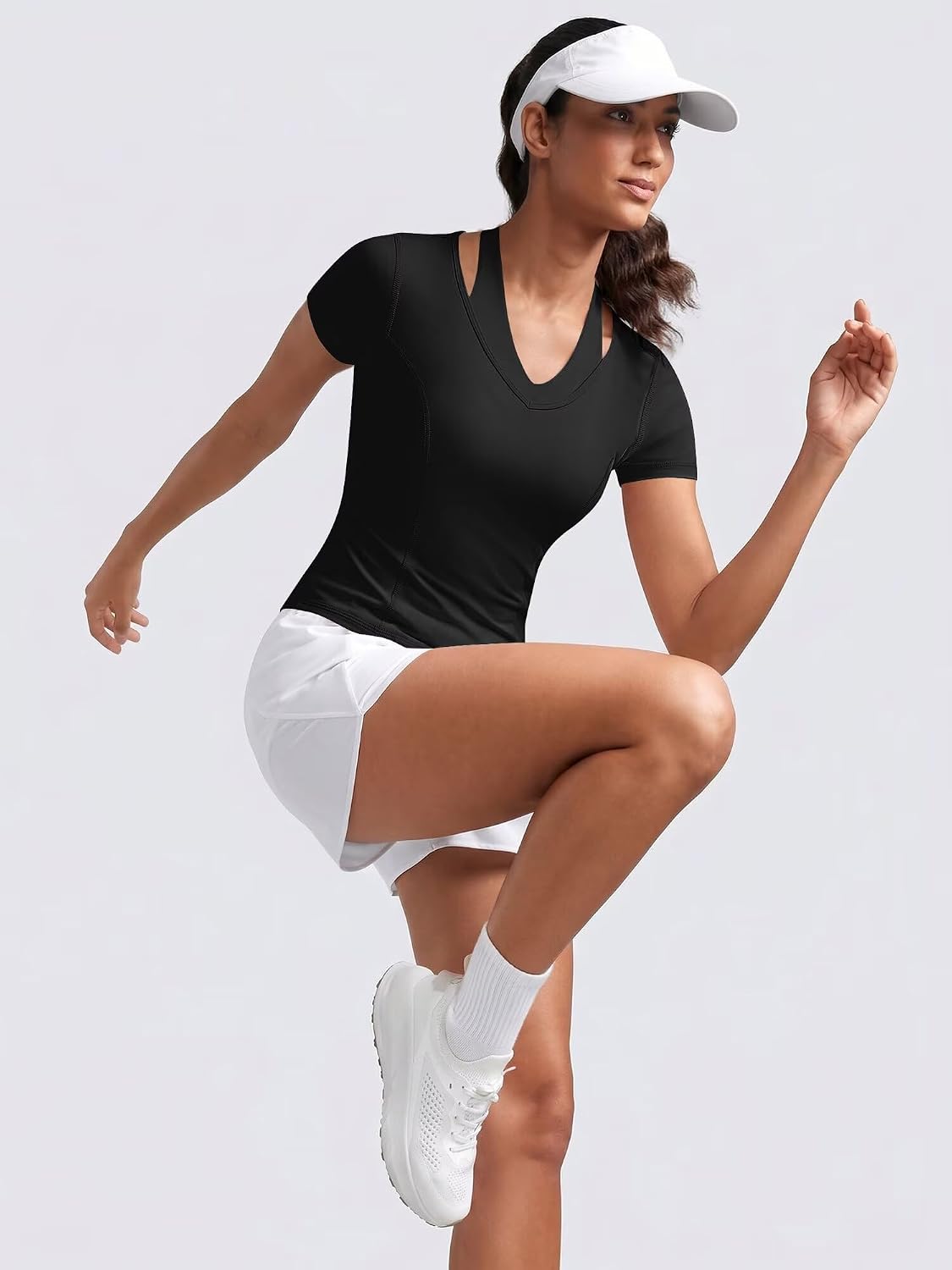 Short Sleeve Workout Tops for Women V Neck Slim Fit BBL Workout Shirts Double Layer Halter Athletic Running Tees
