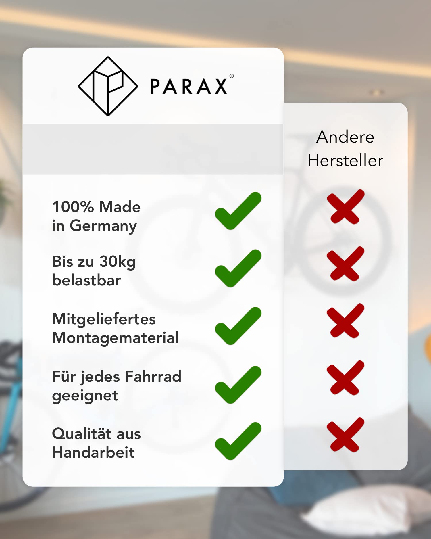 PARAX Fahrrad Wandhalterung U-Rack Holz – Fahrrad Halterung für MTB, E-Bike, Damenrad, Rennrad, Gravel Bike – Fahrradhalter Wand bis 35kg Indoor Aufbewahrung für Garage, Wohnung, Wohnzimmer