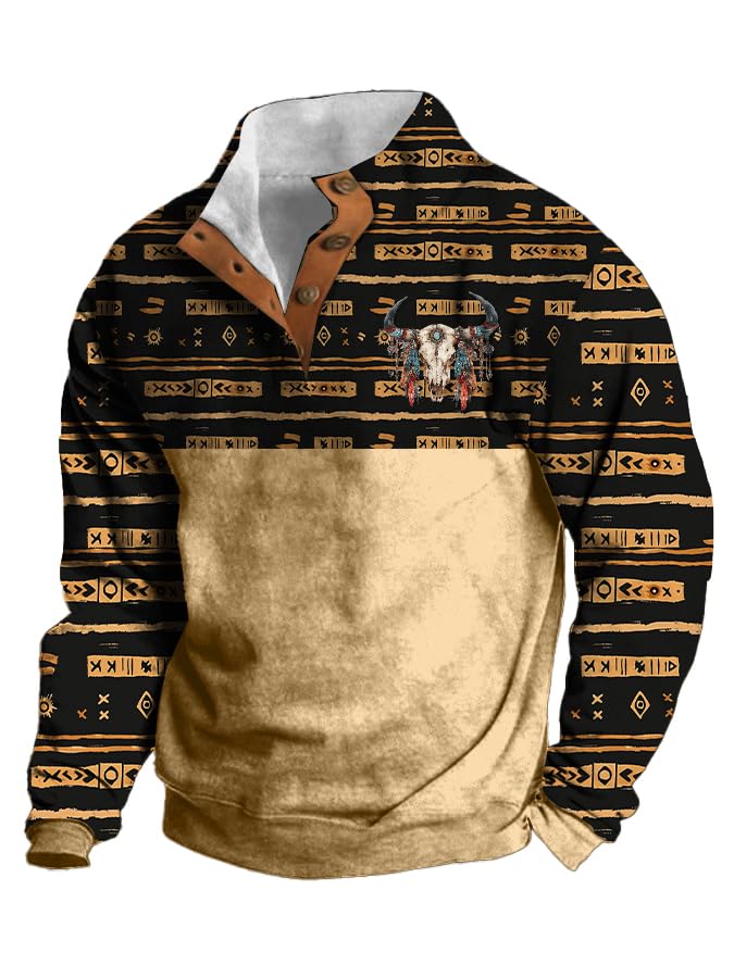 MARSVOVO Men'S Aztec Western Sweatshirt 1/4 Button Plus Size Cowboy Pullover Fall Winter Warm Hoodie Long Sleeve