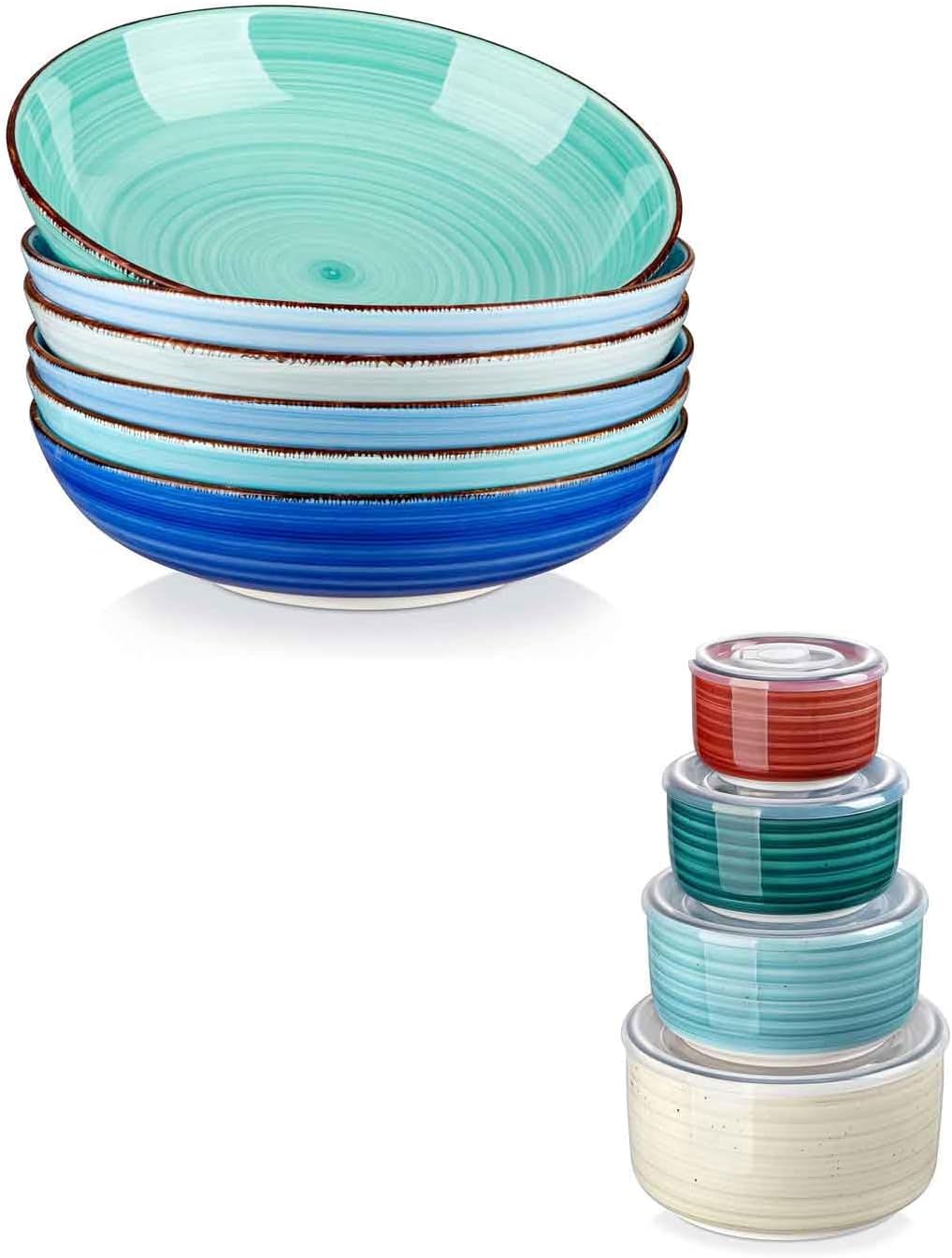 vancasso Bonita 38 OZ Pasta Bowls Set of 6 Bundles Ceramic Serving Bowls With Lids Set of 4