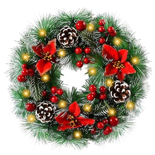 SanRes Corona de Navidad de 30 cm, corona de Adviento artificial, con lazos, bolas de Navidad, LED, adecuada para puertas de casa, chimeneas y decoración de pared