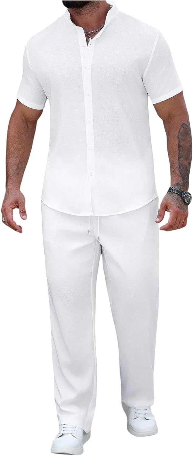 Men's 2 Piece Outfits Casual Half Sleeve Button Up Shirts and Drawstring Pocket Pants