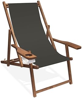 Holz-Liegestuhl mit Armlehne und Getränkehalter, Klappbar, dunkelbrauner Lasur, Wechselbezug (Anthrazit)