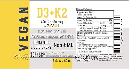Miniatura 7 de Vitamina D3 + K2 gotas líquidas (MK4 y MK7) Aceite de coco fraccionado orgánico, a base de plantas, sin gluten, sin lácteos, sin soja, sin nueces,