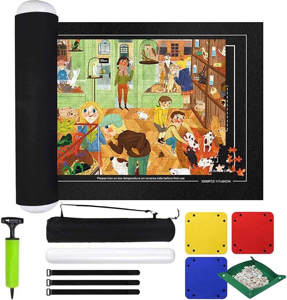 Homarket Giant Jigsaw Puzzle Roll Mat Set,Jigsaw Felt Mat Storage Saver, with 4 Sorting Trays,No Folded Creases Environmentally Friendly 3000pcs (black)