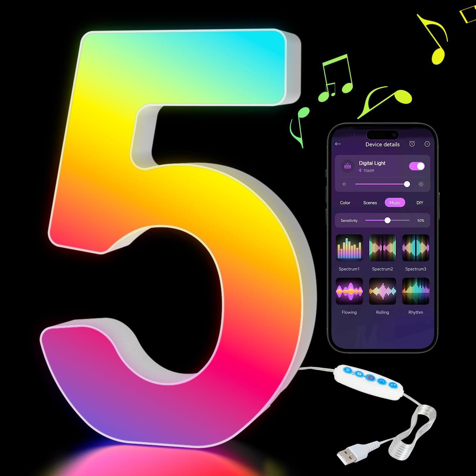 Kangtaixin LED Zahlen Lampe 0-9, Leuchtzahlen Geburtstagsdeko mit USB-Netzteil, APP-Kontrolle, Dimmbar, Dekoration für Bar Mitzvah, Weihnachten Deko, Neujahr, Hochzeit Party Valentinstag - Zahlen 5