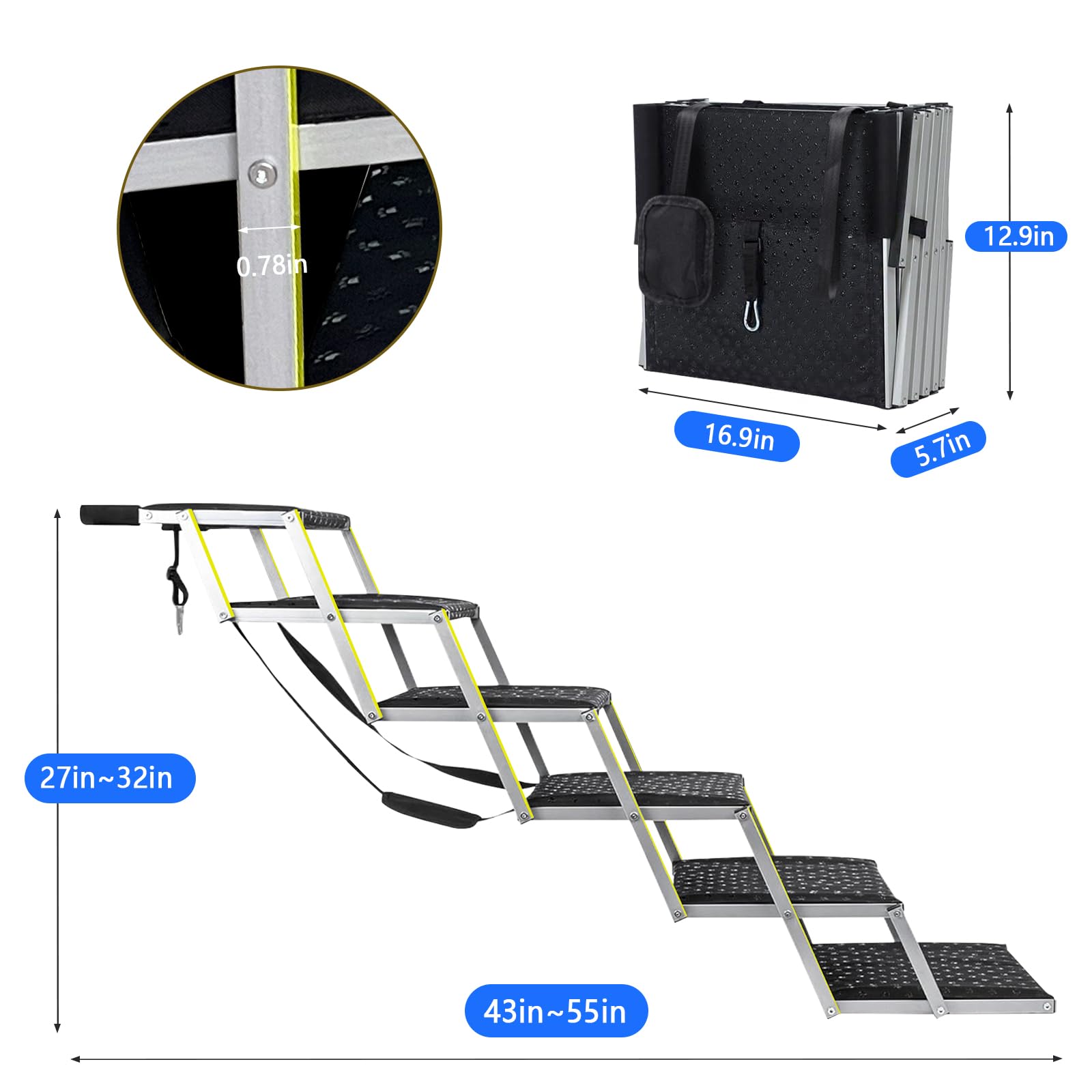 Rampas para perros grandes, escaleras para perros con superficie antideslizante y cinta reflectora, escaleras plegables portátiles para perros, para coches, SUV, camiones, soporte de hasta