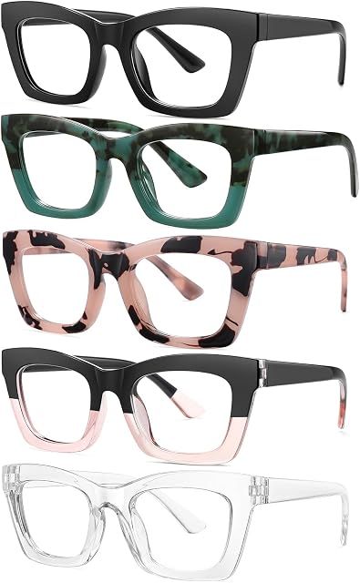 Reading Glasses for Women Blue Light Blocking Glasses Filter UV Square Readers Glasses for Men and Women 5 Pack