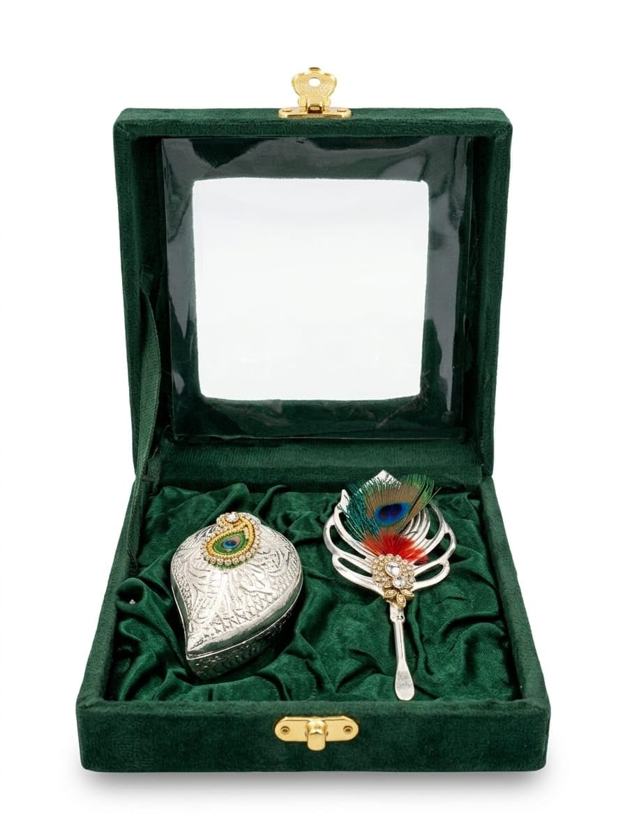 German Silver Kumkum Box with Tilak Spoon in Velvet Box | Decorative Pooja Kumkum Dani Set | Peacock Design Roli Chawal Container for Mandir, Festival Gift-image-29