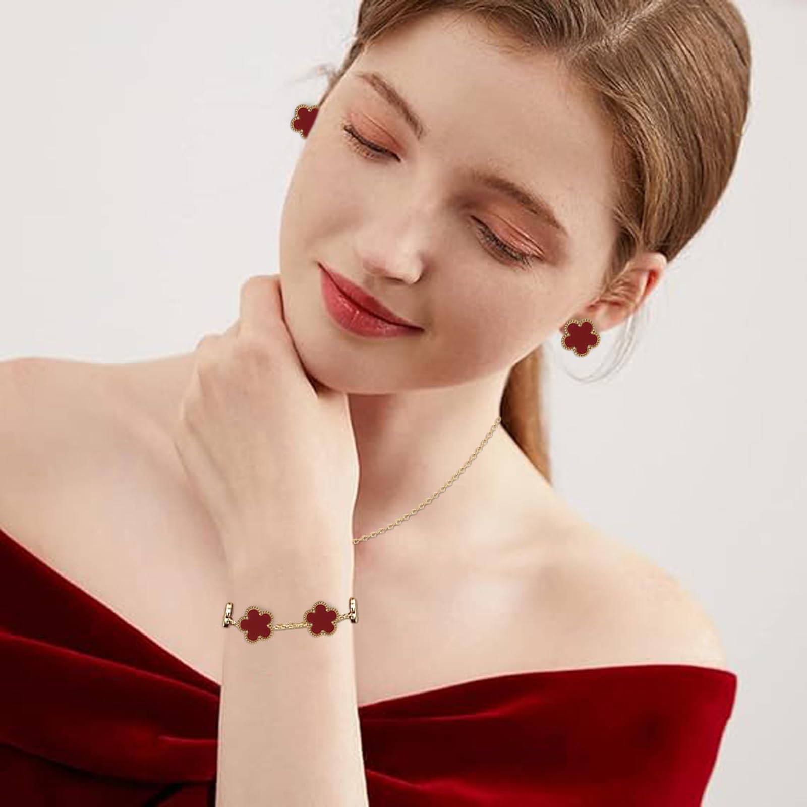 3 PCS Conjunto de Joyas para Mujer con Trébol de Cuatro Hojas, 18K Oro Plateado Acero Inoxidable Trébol de Cuatro Colgante Collar Pendientes Pulsera ,Collar de la Suerte Antialérgica para Mujer Niña