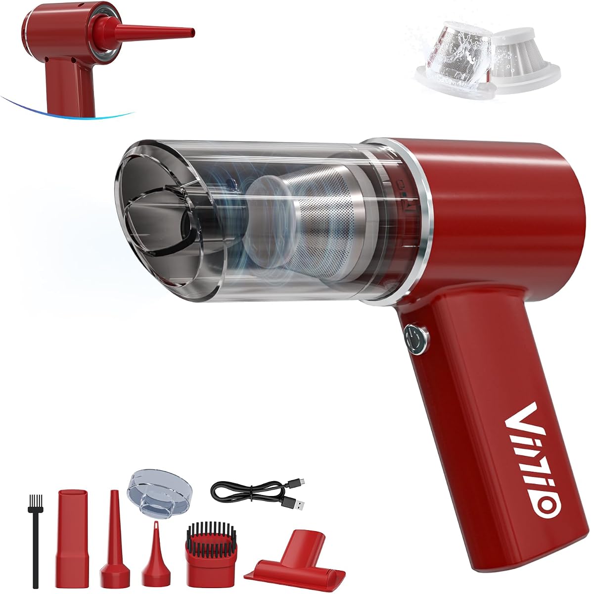 Vinid Aspiradora de Coche Inalámbrica de 8000mAh, Aspiradora de Mano de Alta Potencia de 80W con Fuerte Succión, Plumero/Soplador de Aire Portátil, Carga Rápida Tipo C para Coche, Hogar, Escritorio de Oficina, Pelo de Mascotas, Rojo