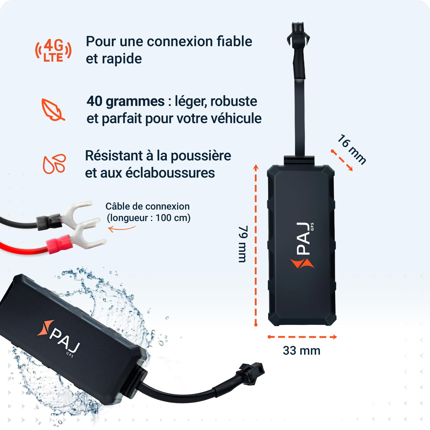 PAJ Mini Traceur GPS 4G pour Voitures et Motos, Câble 1m | Suivi temps réel via app - Alarme antivol - Connexion directe batterie - Historique des trajets - Résistant éclaboussures