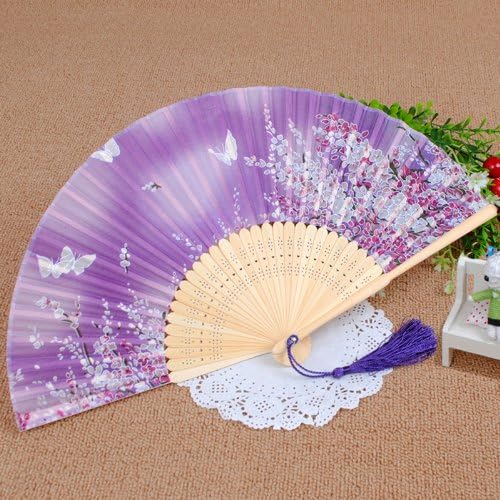 Japanese Design Silk Handheld Folding Fan, Purple Small Flowers with Butterflies HF14