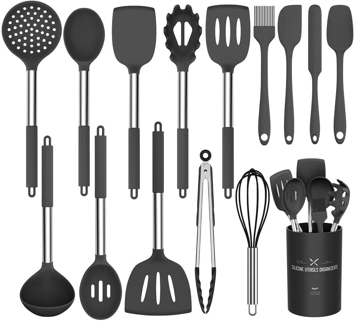 Küchenutensilien-Set, 15-teilig Silikon Küchenhelfer Set, Antihaft Hitzebeständiger Kochutensilien Kochgeschirr mit Utensilienhalter, Edelstahl Griff, Spülmaschinengeeignet (Schwarz)