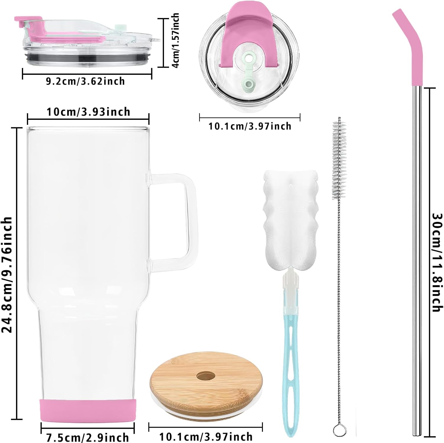 Glass Tumbler with Lid and Straws,40oz Glass Cup with Handle,Drinking Glasses with Silicone Coaster,Glass Water Cup,Smoothie Cup,Beer Cup,Ice Coffee Cup,Fits In Cup Holder(Pink) - Image 2