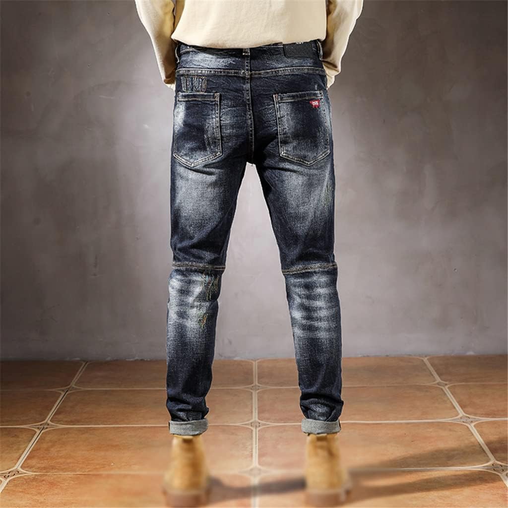 Ripped Jeans for Men Dark Stretch Slim Fit Distressed Patchwork Hip Hop Streetwear Frayed Casual Denim Pants