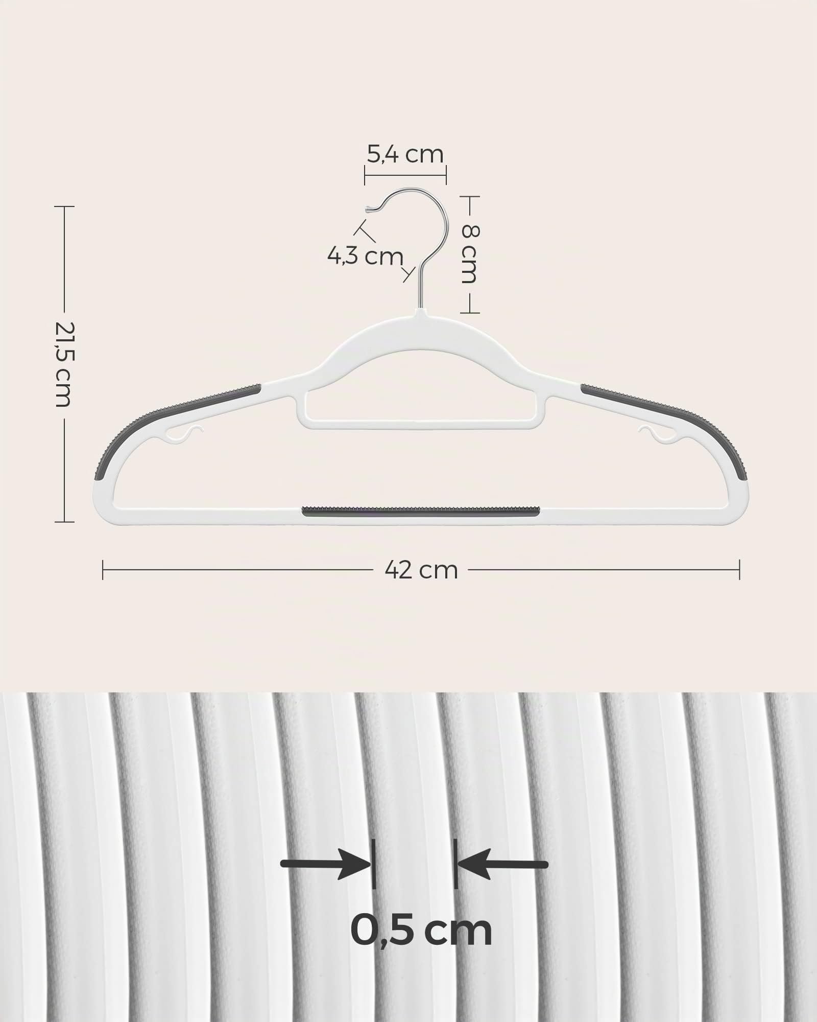 SONGMICS Juego de 50 Perchas, Perchas de Plástico, Antideslizantes, Ahorra Espacio, 0,5 cm de Grosor, 42 cm de Largo, Gancho Plata Giratorio de 360°, Blanco y Gris Oscuro CRP020W02