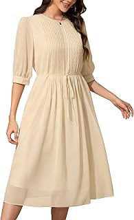 Solid Color Relaxed Dresses 2025 Women's Casual 3/4 Sleeve Crew Neck Flowy Swing A Line Dresses with Pockets - Buy now