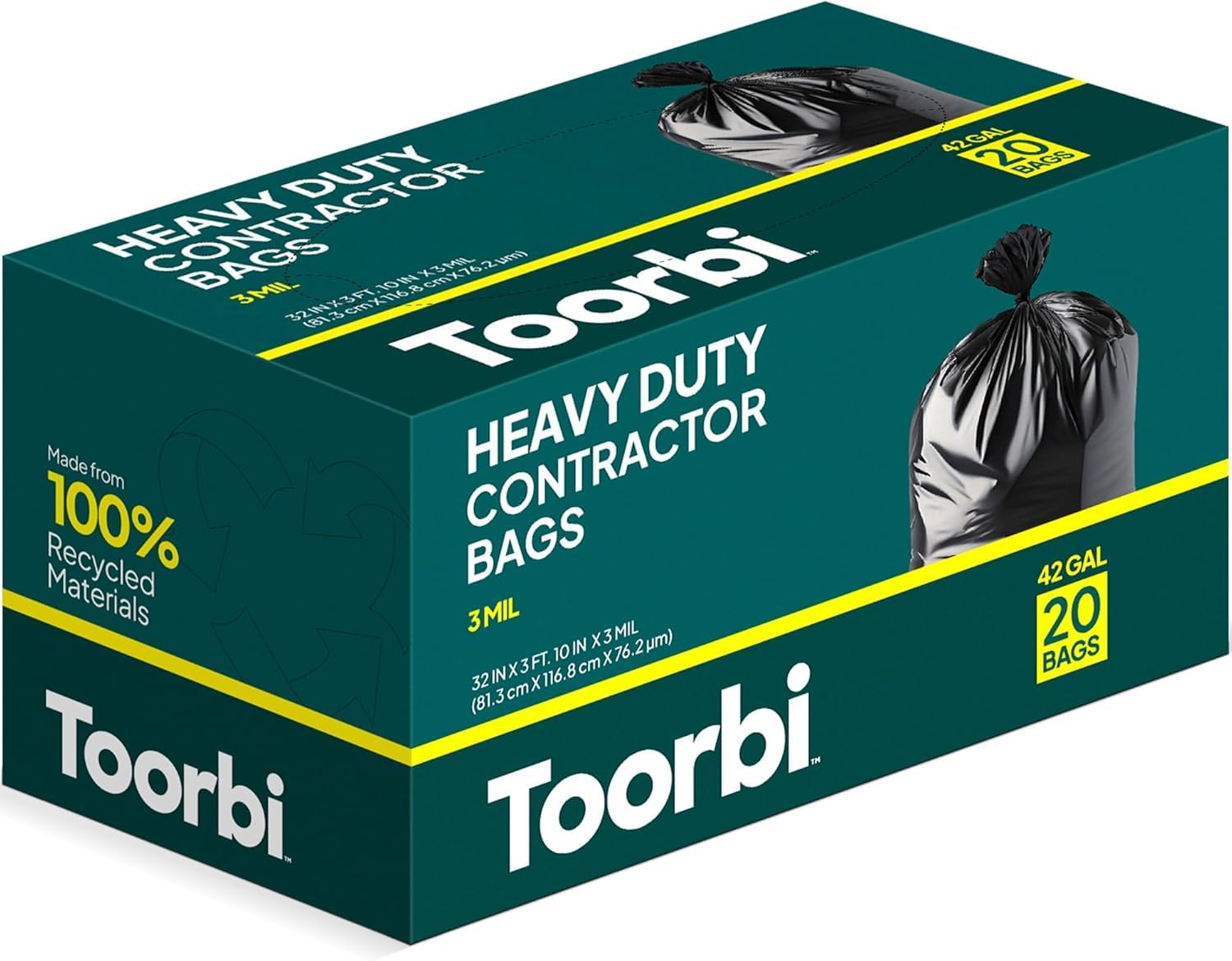 Toorbi Contractor Bags 42 Gallon (20 PACK/w TIES), 3 MIL Thick Large Black Heavy Duty Industrial Garbage Trash Bags for Professional Construction and Commercial Use