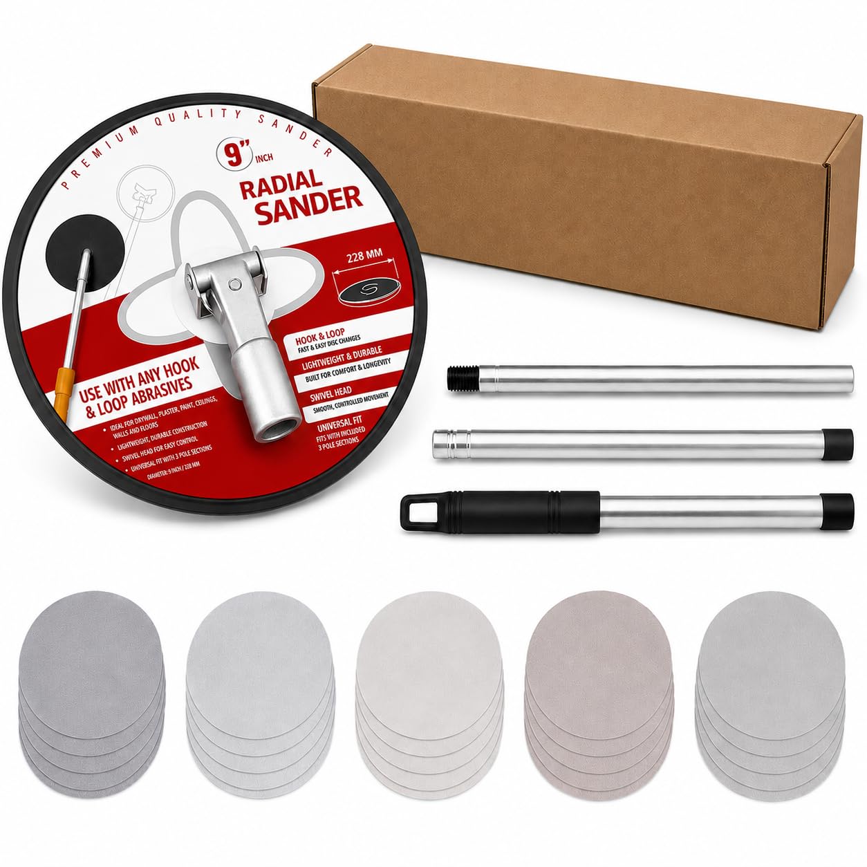 9-Inch Drywall Pole Sander Kit, 25 Sanding Discs, 3.6 ft Adjustable Pole