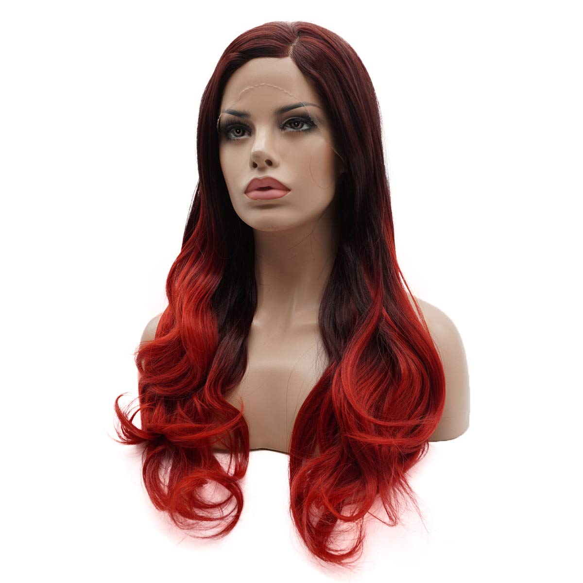Lushy Hair Synthetic Lace Front Wig Wavy Long 24inch Dark Root Red Ombre Heavy Density Realistic Wig