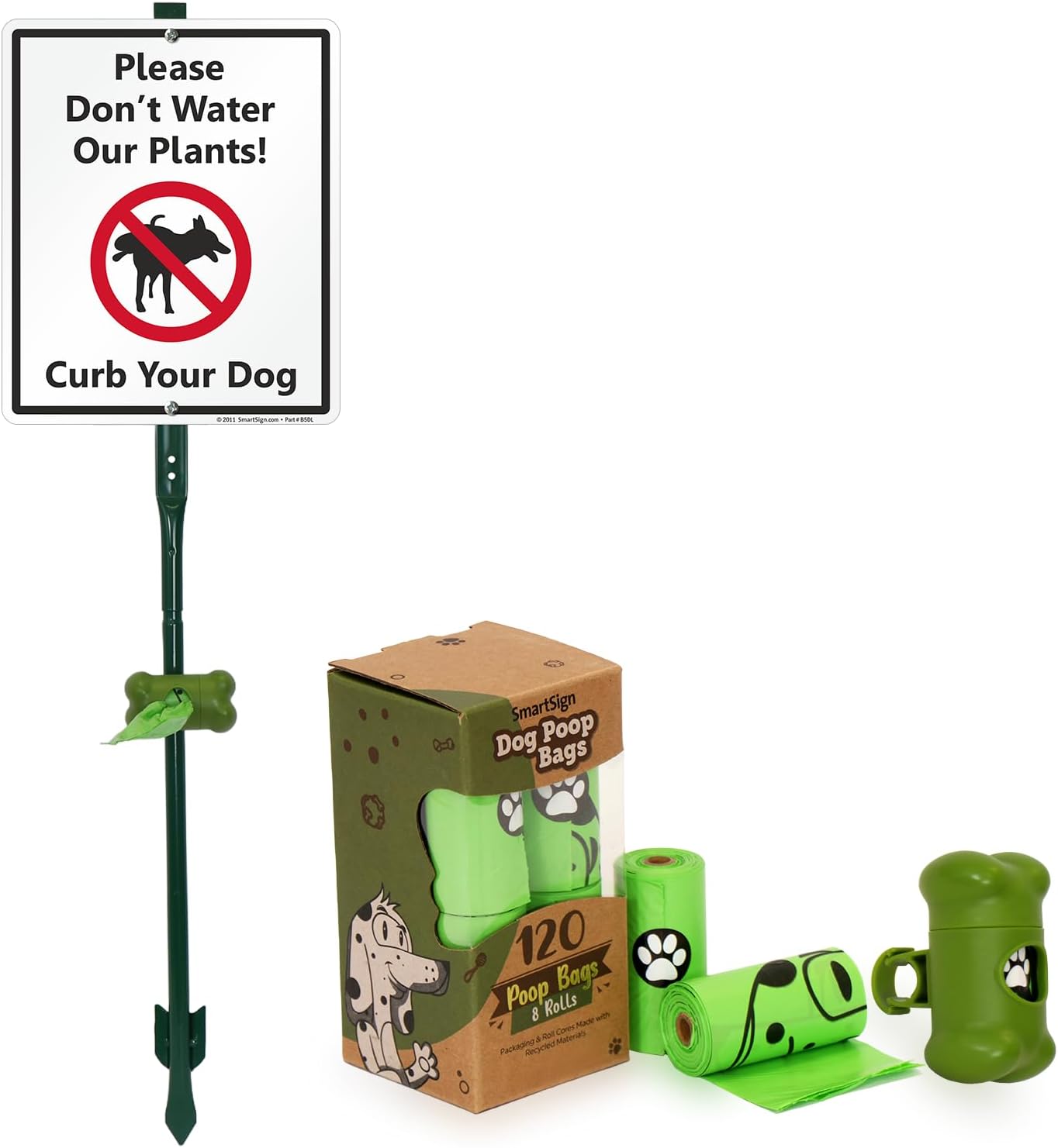 SmartSign Please Don't Water Our Plants! Curb Your Dog Yard Sign & Clip-On Preloaded Dispenser Combo/Kit with 135 Dog Poop Waste Bags, 10"x12" Rust-proof Aluminum Sign with 3ft Steel Stake